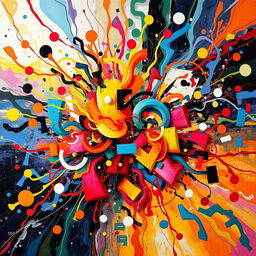 A vibrant and chaotic explosion of colors, forms, and textures that convey the essence of abstract art