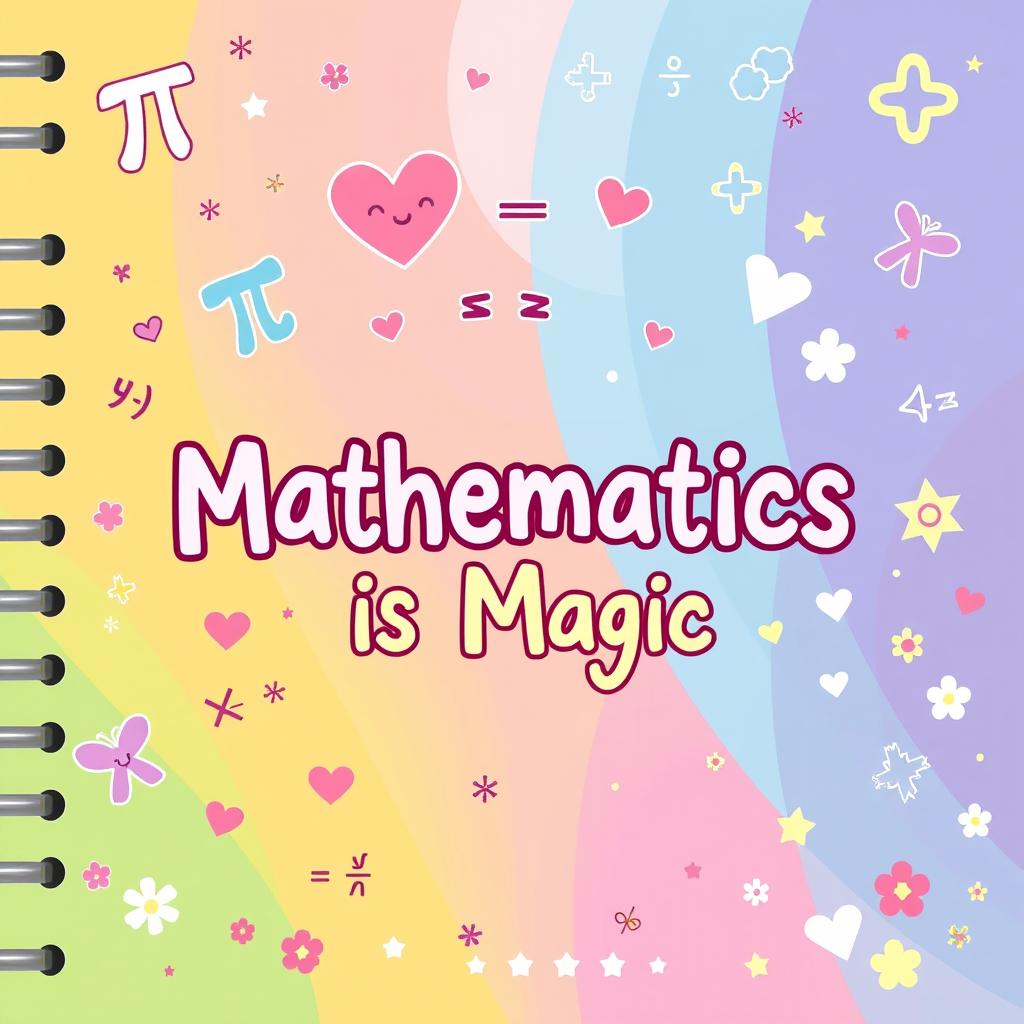 A colorful and playful cover for a girl's school mathematics notebook featuring adorable math symbols and equations such as hearts around pi (π) and cute cartoon-style integral signs (∫)