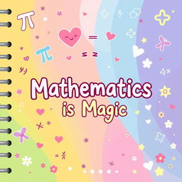 A colorful and playful cover for a girl's school mathematics notebook featuring adorable math symbols and equations such as hearts around pi (π) and cute cartoon-style integral signs (∫)