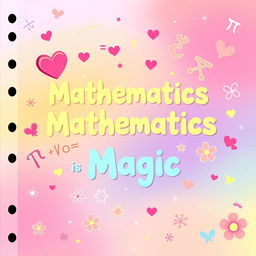 A colorful and playful cover for a girl's school mathematics notebook featuring adorable math symbols and equations such as hearts around pi (π) and cute cartoon-style integral signs (∫)