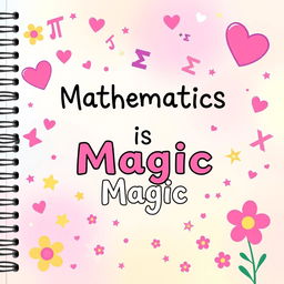 A colorful and playful cover for a girl's school mathematics notebook featuring adorable math symbols and equations such as hearts around pi (π) and cute cartoon-style integral signs (∫)