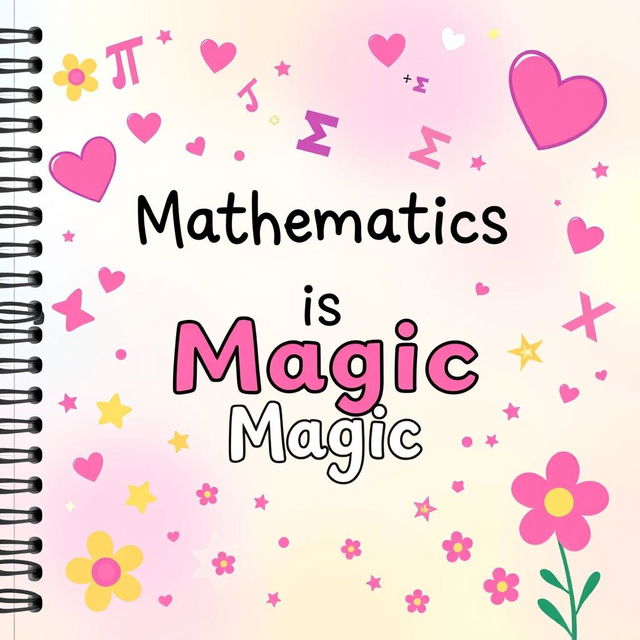 A colorful and playful cover for a girl's school mathematics notebook featuring adorable math symbols and equations such as hearts around pi (π) and cute cartoon-style integral signs (∫)