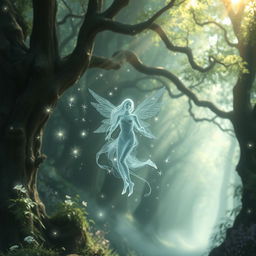 A mystical and ethereal spirit floating in an enchanting forest, surrounded by glistening fairy lights and soft mist