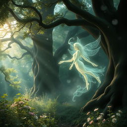 A mystical and ethereal spirit floating in an enchanting forest, surrounded by glistening fairy lights and soft mist