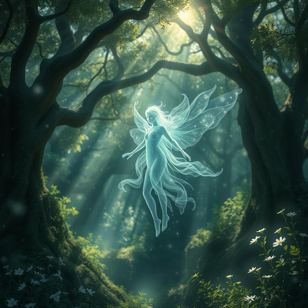 A mystical and ethereal spirit floating in an enchanting forest, surrounded by glistening fairy lights and soft mist