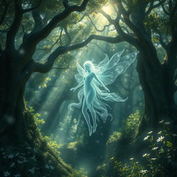 A mystical and ethereal spirit floating in an enchanting forest, surrounded by glistening fairy lights and soft mist