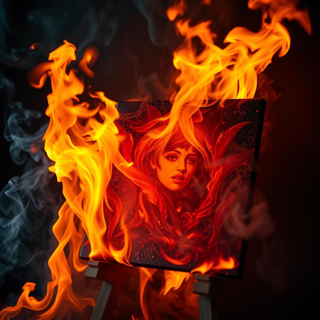 A captivating and dynamic depiction of flames engulfing a piece of artwork, creating an intense and mesmerizing visual experience