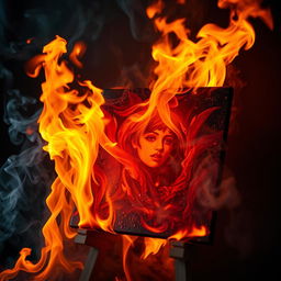 A captivating and dynamic depiction of flames engulfing a piece of artwork, creating an intense and mesmerizing visual experience