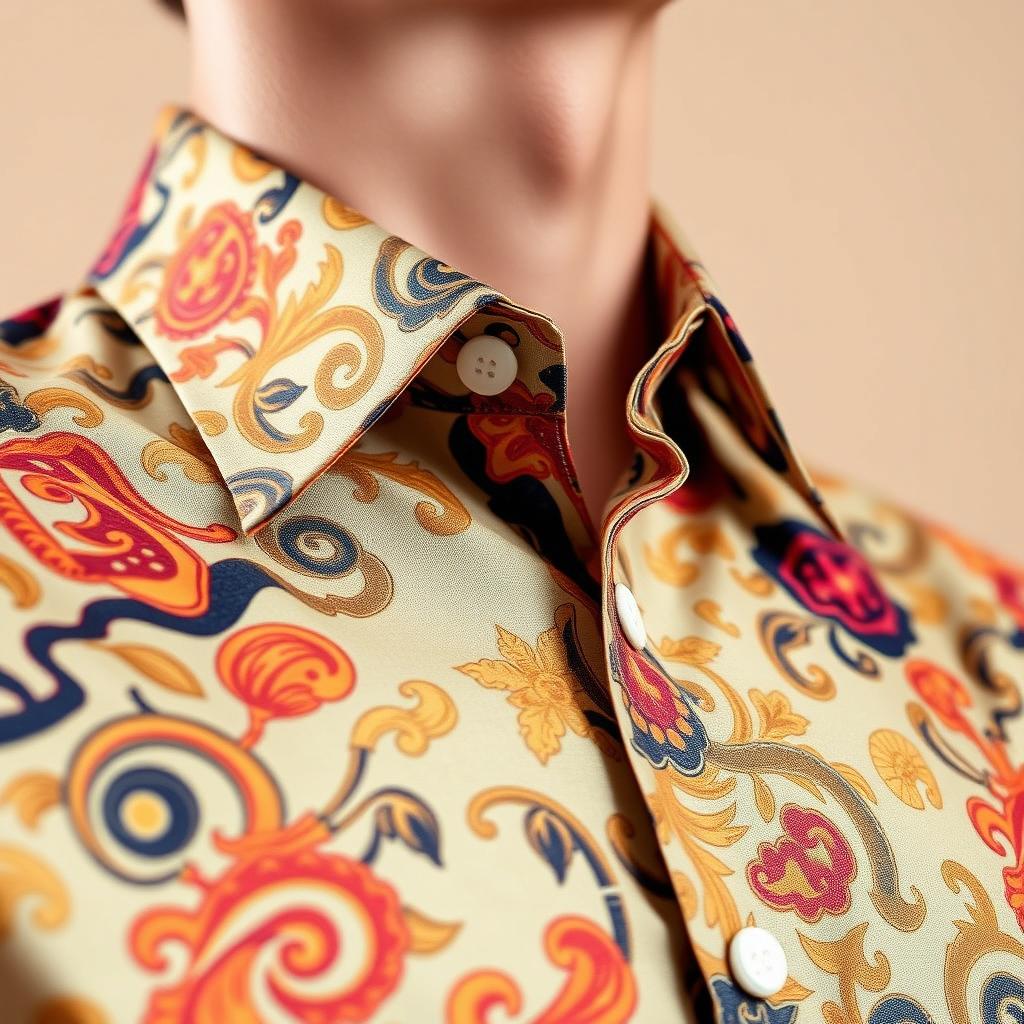 A close-up of a stylish, modern shirt featuring intricate patterns and vibrant colors