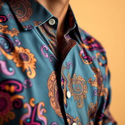 A close-up of a stylish, modern shirt featuring intricate patterns and vibrant colors