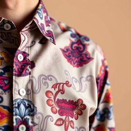 A close-up of a stylish, modern shirt featuring intricate patterns and vibrant colors