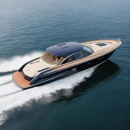 A luxurious and grand speed boat design incorporating the sophisticated styling, color scheme, and logo of a Bentley car