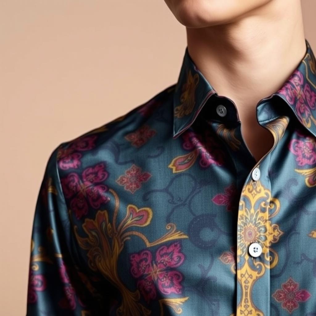 A close-up of a stylish, modern shirt featuring intricate patterns and vibrant colors