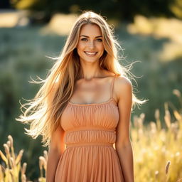 A beautiful and alluring woman standing in a sunlit field, wearing a flowing summer dress that gently flutters with the breeze