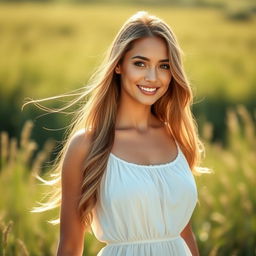 A beautiful and alluring woman standing in a sunlit field, wearing a flowing summer dress that gently flutters with the breeze