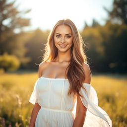 A beautiful and alluring woman standing in a sunlit field, wearing a flowing summer dress that gently flutters with the breeze