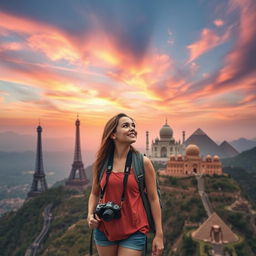 An enchanting scene capturing the essence of a dream to travel the world, featuring a young woman with a camera around her neck and a backpack, standing on top of a mountain