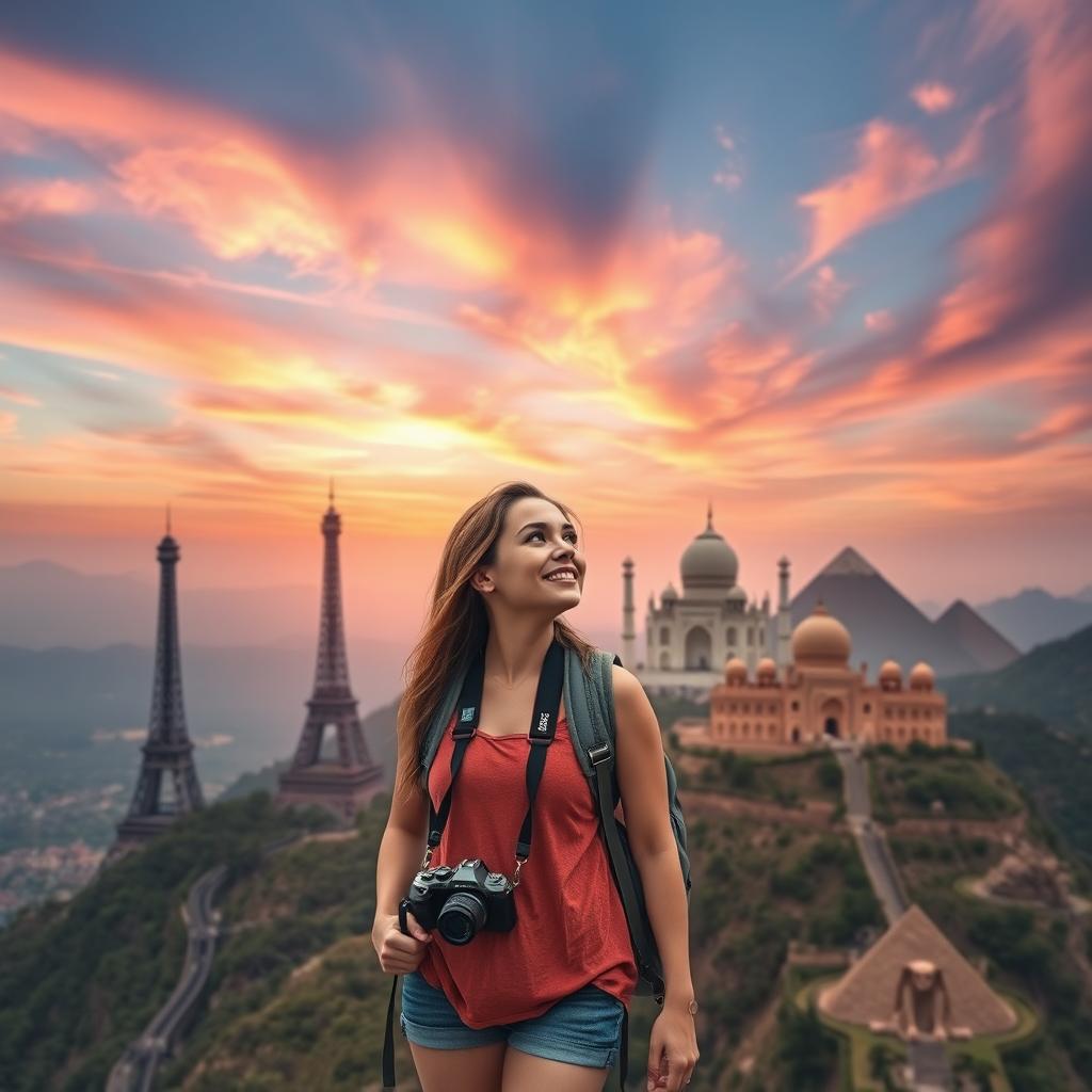 An enchanting scene capturing the essence of a dream to travel the world, featuring a young woman with a camera around her neck and a backpack, standing on top of a mountain