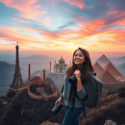 An enchanting scene capturing the essence of a dream to travel the world, featuring a young woman with a camera around her neck and a backpack, standing on top of a mountain