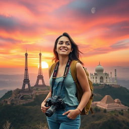 An enchanting scene capturing the essence of a dream to travel the world, featuring a young woman with a camera around her neck and a backpack, standing on top of a mountain