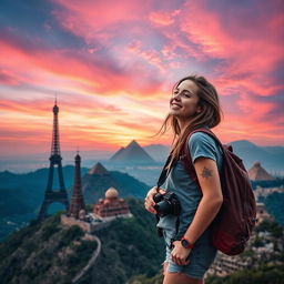 An enchanting scene capturing the essence of a dream to travel the world, featuring a young woman with a camera around her neck and a backpack, standing on top of a mountain