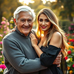 An 80-year-old man and a 19-year-old attractive young woman embracing warmly