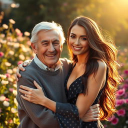 An 80-year-old man and a 19-year-old attractive young woman embracing warmly