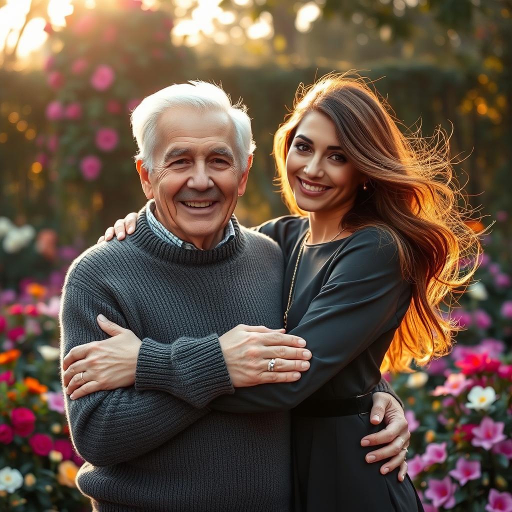 An 80-year-old man and a 19-year-old attractive young woman embracing warmly