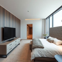 A stylish elongated master bedroom with a cozy workspace set by the narrow window wall on the right