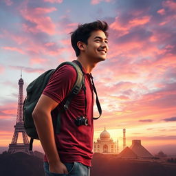 An enchanting scene capturing the essence of a dream to travel the world, featuring a young man with a camera around his neck and a backpack, standing on top of a mountain