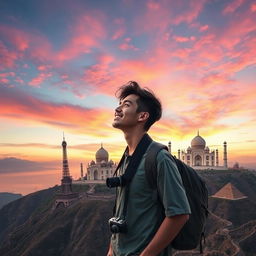 An enchanting scene capturing the essence of a dream to travel the world, featuring a young man with a camera around his neck and a backpack, standing on top of a mountain