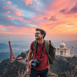 An enchanting scene capturing the essence of a dream to travel the world, featuring a young man with a camera around his neck and a backpack, standing on top of a mountain