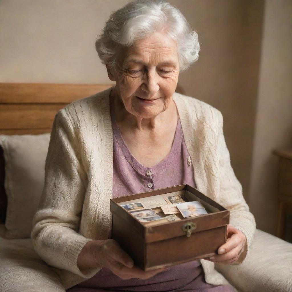 A nostalgic scene of an elderly mother tenderly holding a memory box filled with precious old photographs. She is surrounded by an ambiance of tranquillity and warm light