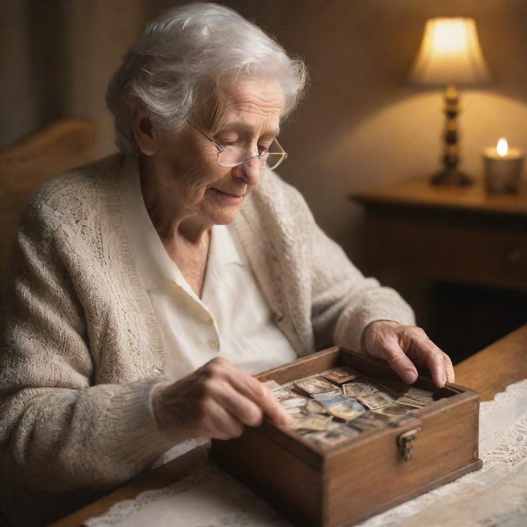 A nostalgic scene of an elderly mother tenderly holding a memory box filled with precious old photographs. She is surrounded by an ambiance of tranquillity and warm light