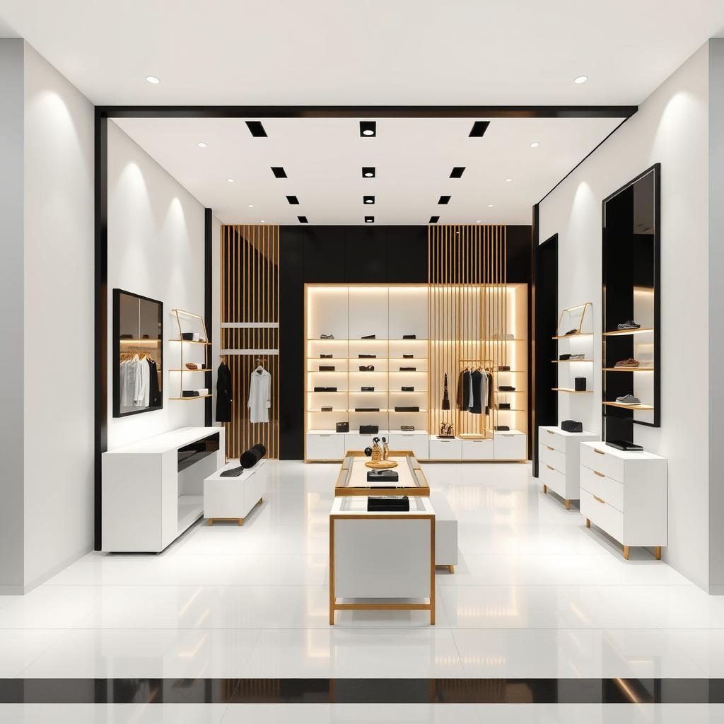 A boutique interior design within a shopping center, featuring a minimalist and elegant aesthetic