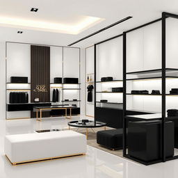 A boutique interior design within a shopping center, featuring a minimalist and elegant aesthetic