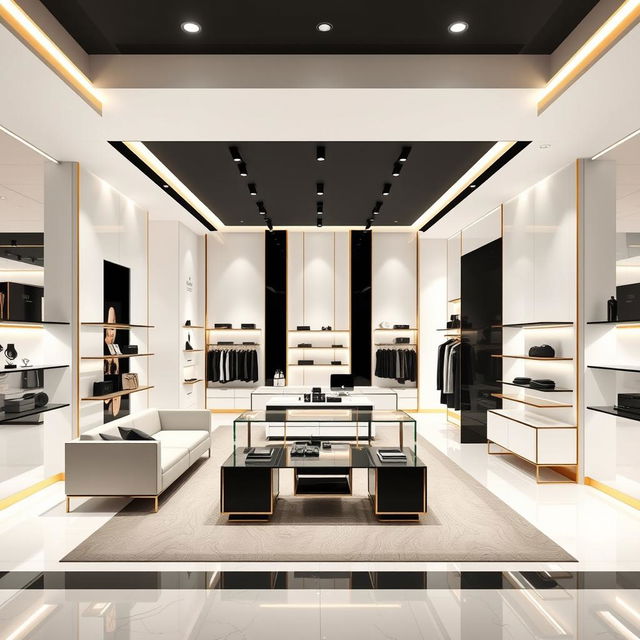 A boutique interior design within a shopping center, featuring a minimalist and elegant aesthetic