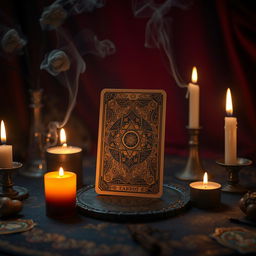 A magical scene depicting a tarot card reading with a single tarot card prominently displayed on a mystical table