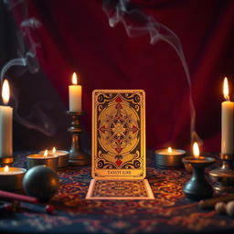 A magical scene depicting a tarot card reading with a single tarot card prominently displayed on a mystical table