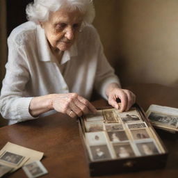 A nostalgic scene of an elderly mother tenderly holding a memory box filled with precious old photographs. She is surrounded by an ambiance of tranquillity and warm light