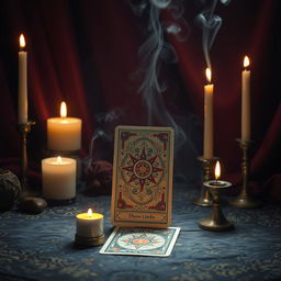 A magical scene depicting a tarot card reading with a single tarot card prominently displayed on a mystical table