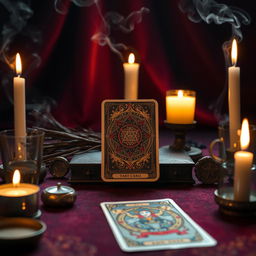 A magical scene depicting a tarot card reading with a single tarot card prominently displayed on a mystical table