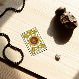 A mystical scene depicting a tarot card reading with a single tarot card laid out on a flat, wooden surface