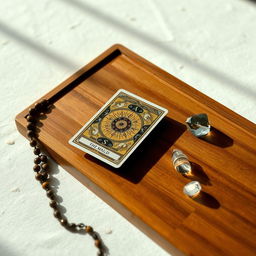 A mystical scene depicting a tarot card reading with a single tarot card laid out on a flat, wooden surface