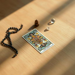 A mystical scene depicting a tarot card reading with a single tarot card laid out on a flat, wooden surface