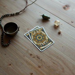 A mystical scene depicting a tarot card reading with a single tarot card laid out on a flat, wooden surface