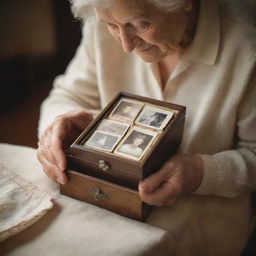 A nostalgic scene of an elderly mother tenderly holding a memory box filled with precious old photographs. She is surrounded by an ambiance of tranquillity and warm light