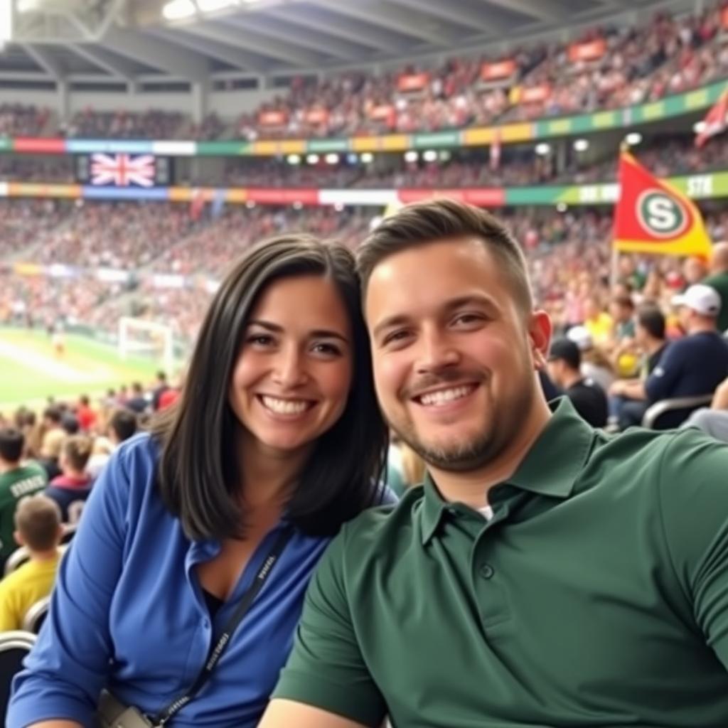 A woman in a blue shirt and a man in a green shirt sitting in a stadium