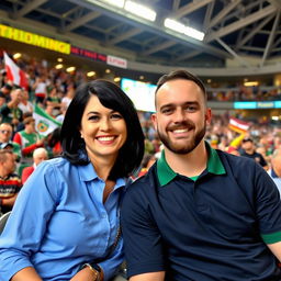 A woman in a blue shirt and a man in a green shirt sitting in a stadium