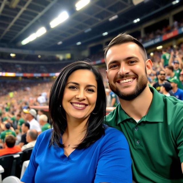 A woman in a blue shirt and a man in a green shirt sitting in a stadium